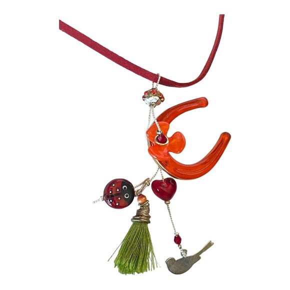 LALO Orna CHARM NECKLACE Resin Horseshoe Ladybug Silver Bird Red Leather 19-25" - Picture 6 of 6